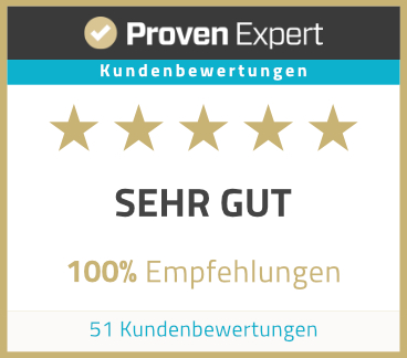 ProvenExpert-Siegel mit fünf Sternen, Bewertung ‚Sehr gut‘, 100 % Empfehlungen basierend auf 51 Kundenbewertungen.