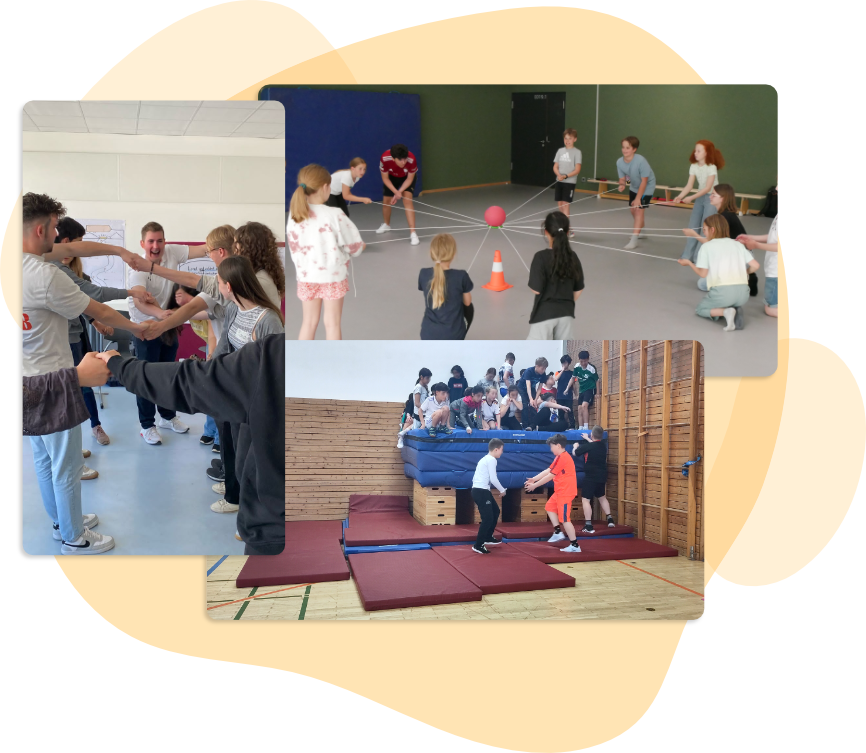 Fotocollage von Schülergruppen bei Kooperations- und Vertrauensübungen in Halle und Klassenraum – Umsetzung der SEFI+-Ebene ‚Gemeinschaft erkennen‘ im Sozial- und Persönlichkeitstraining.