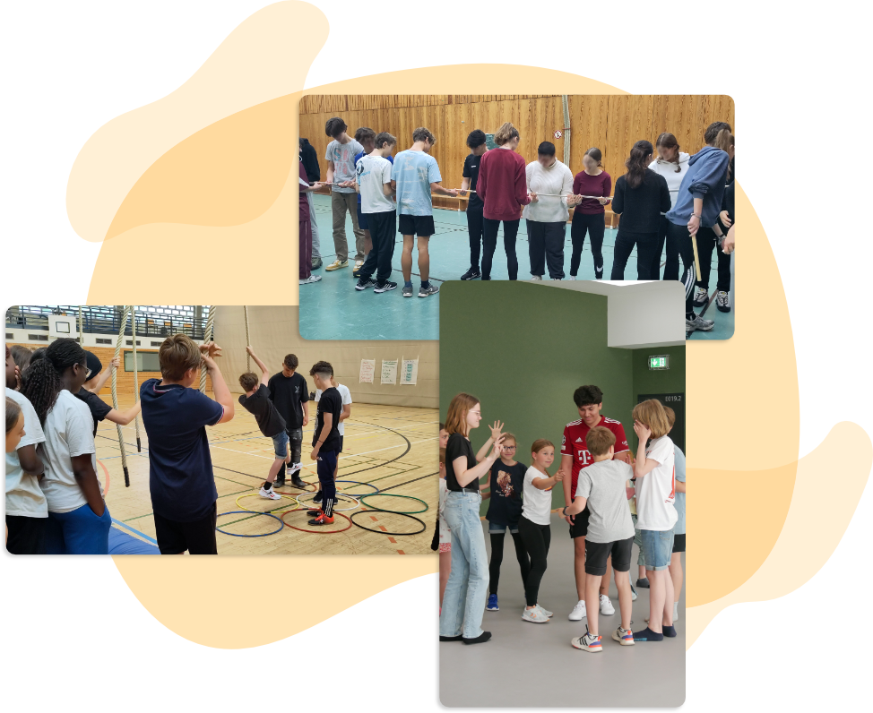 Fotocollage von Schülergruppen bei Team- und Kooperationsübungen in Turnhalle und Klassenraum – Beispiele für die SEFI+-Ebene ‚Gemeinschaft fördern‘ im Sozial- und Persönlichkeitstraining.