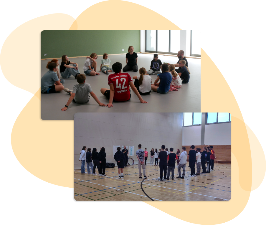 Fotocollage von Schülergruppen in Halle und Klassenraum bei gemeinsamen Übungen – Umsetzung der SEFI+-Ebene ‚Gemeinschaft integrieren‘ im Sozial- und Persönlichkeitstraining.