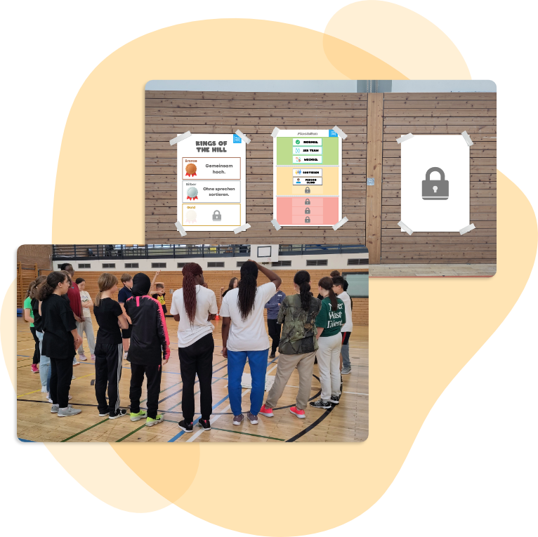 Fotocollage mit Schülergruppe in der Turnhalle und Plakaten an der Wand – Umsetzung der SEFI+-Ebene ‚Gemeinschaft sensibilisieren‘ im Sozial- und Persönlichkeitstraining.