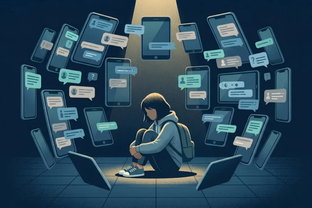 Cybermobbing in der Klasse – Jugendliche Figur von Smartphone-Nachrichten umgeben