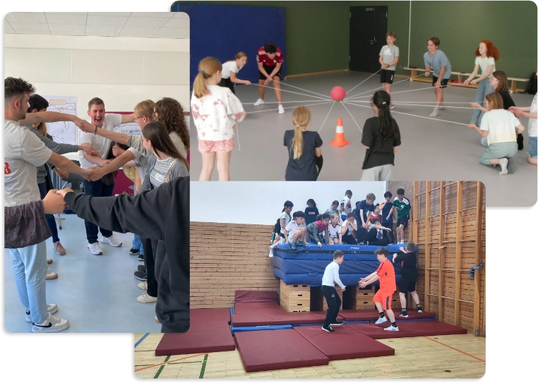 Sozialtraining für Schulen: Schülerinnen und Schüler bei erlebnispädagogischen Kooperationsaufgaben im Klassentraining