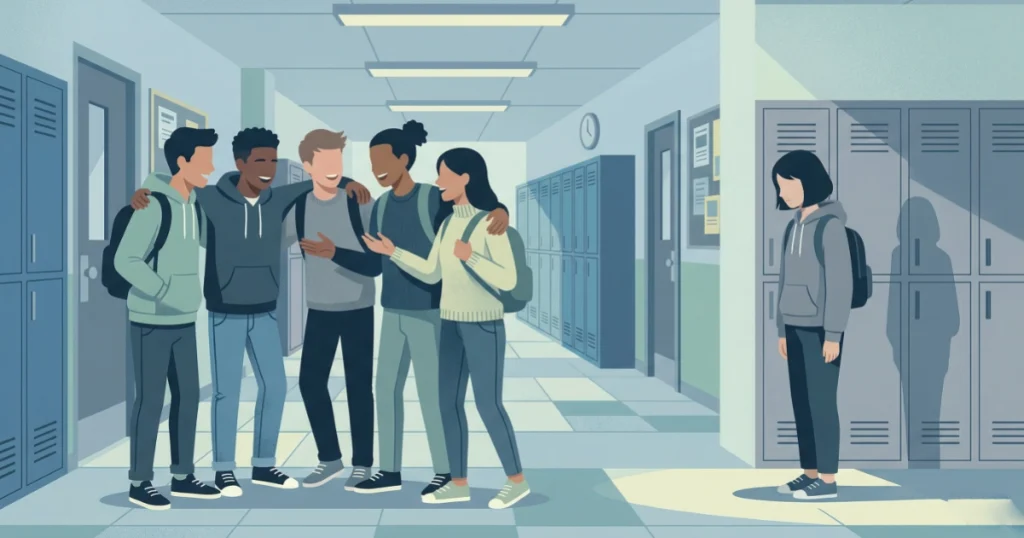 Mobbing in der Klasse – Jugendliche stehen als Gruppe zusammen, ein Mädchen steht allein abseits
