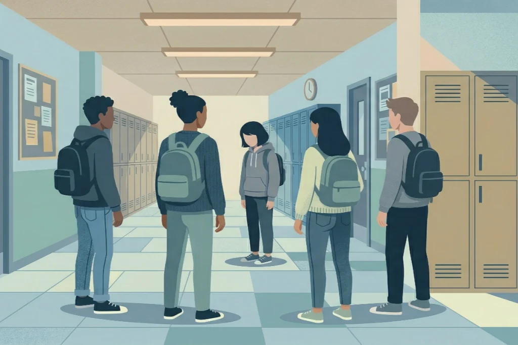 Mobbing in der Klasse – Gruppe jugendlicher Figuren schaut weg während eine Person allein steht