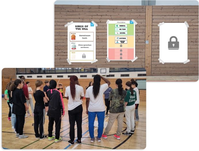 Sozialtraining für Schulen: Schulklasse beim Sozialtraining in der Sporthalle mit Gamification-Elementen