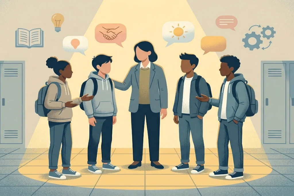 Sozialtraining Schule – Lehrkraft steht mit Schulklasse im offenen Gespräch